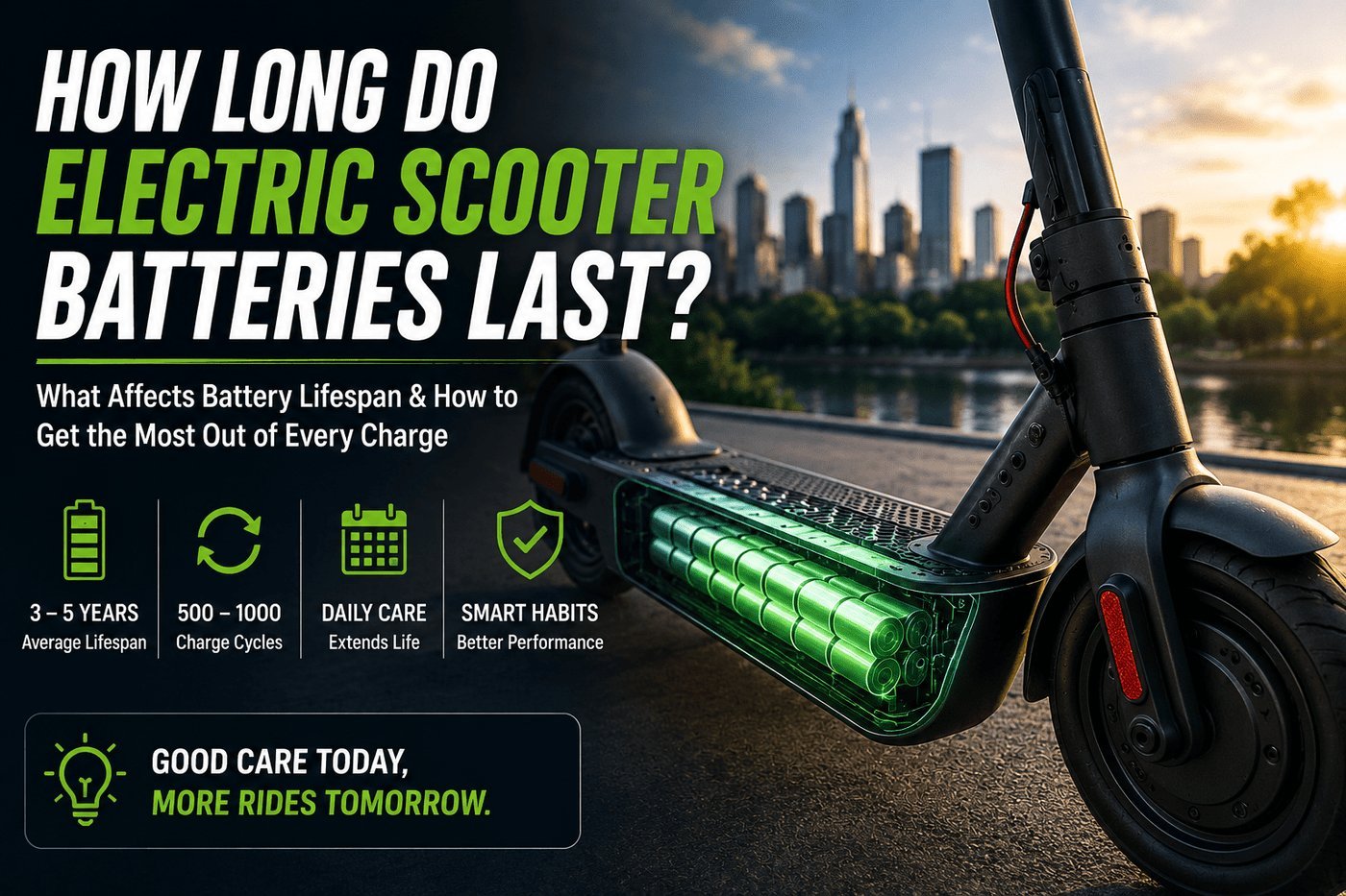 A modern electric scooter parked on a sidewalk represents how long scooter batteries last.
