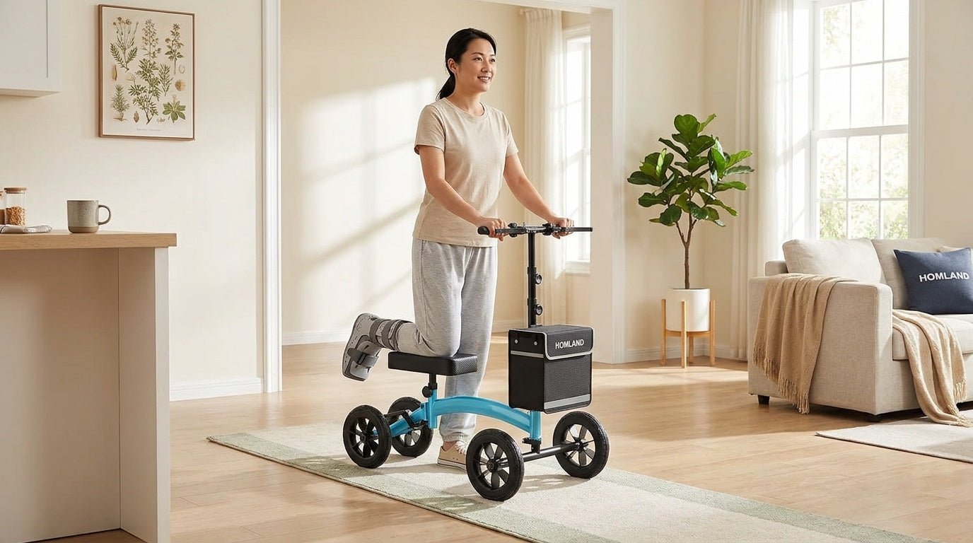 A person demonstrates the correct posture and alignment while using their knee scooter properly.