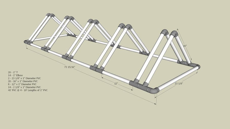 Checking the stability of a finished PVC bike rack on a flat floor.