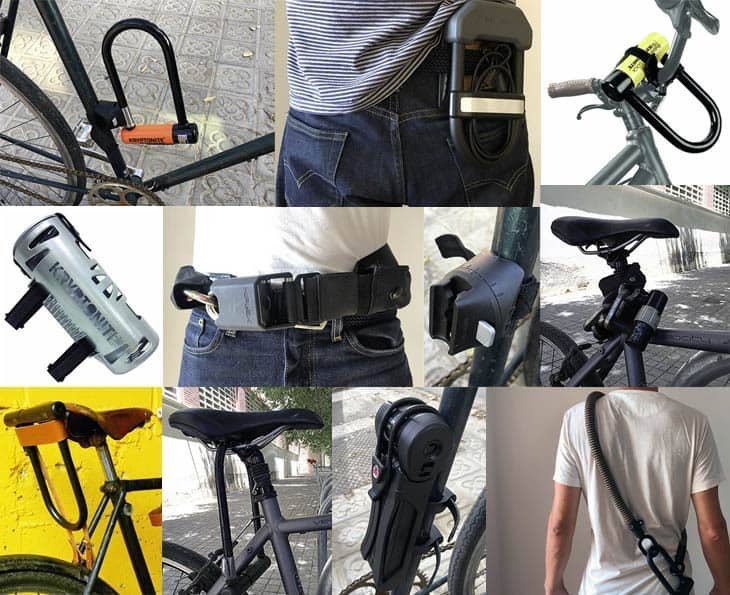 A modern bicycle with a securely mounted cable lock parked on a city street.