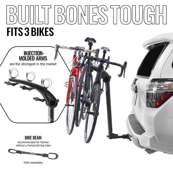 A loose bike rack strap showing signs of movement against a car trunk.
