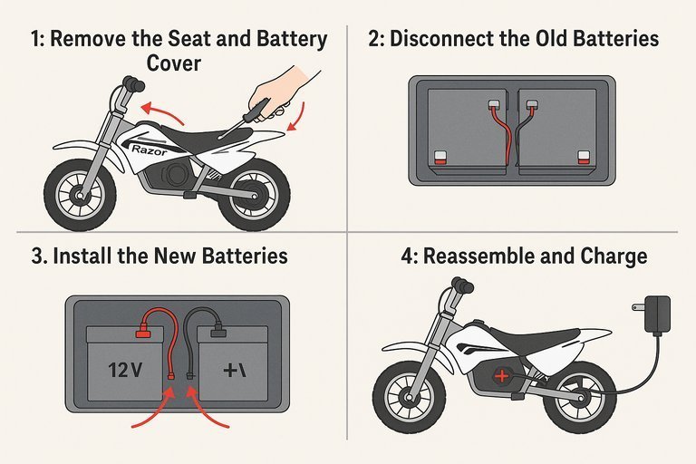 Essential tools and a replacement battery for a Razor dirt bike repair.
