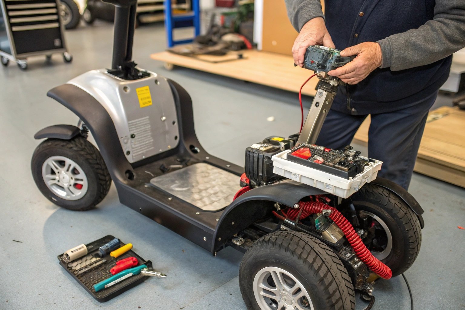 A collection of essential tools laid out neatly for assembling a mobility scooter.