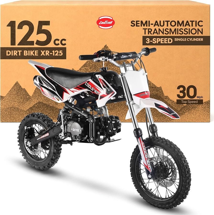 Essential tools and safety gear for starting a Coolster dirt bike on a workbench.