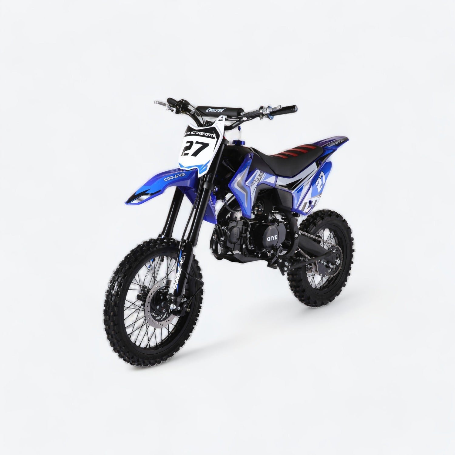 A rider's hand on the throttle of a running Coolster dirt bike.