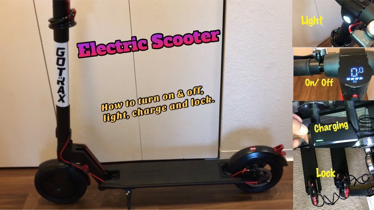 A hand presses the power button on a Gotrax scooter handlebar to turn it off.