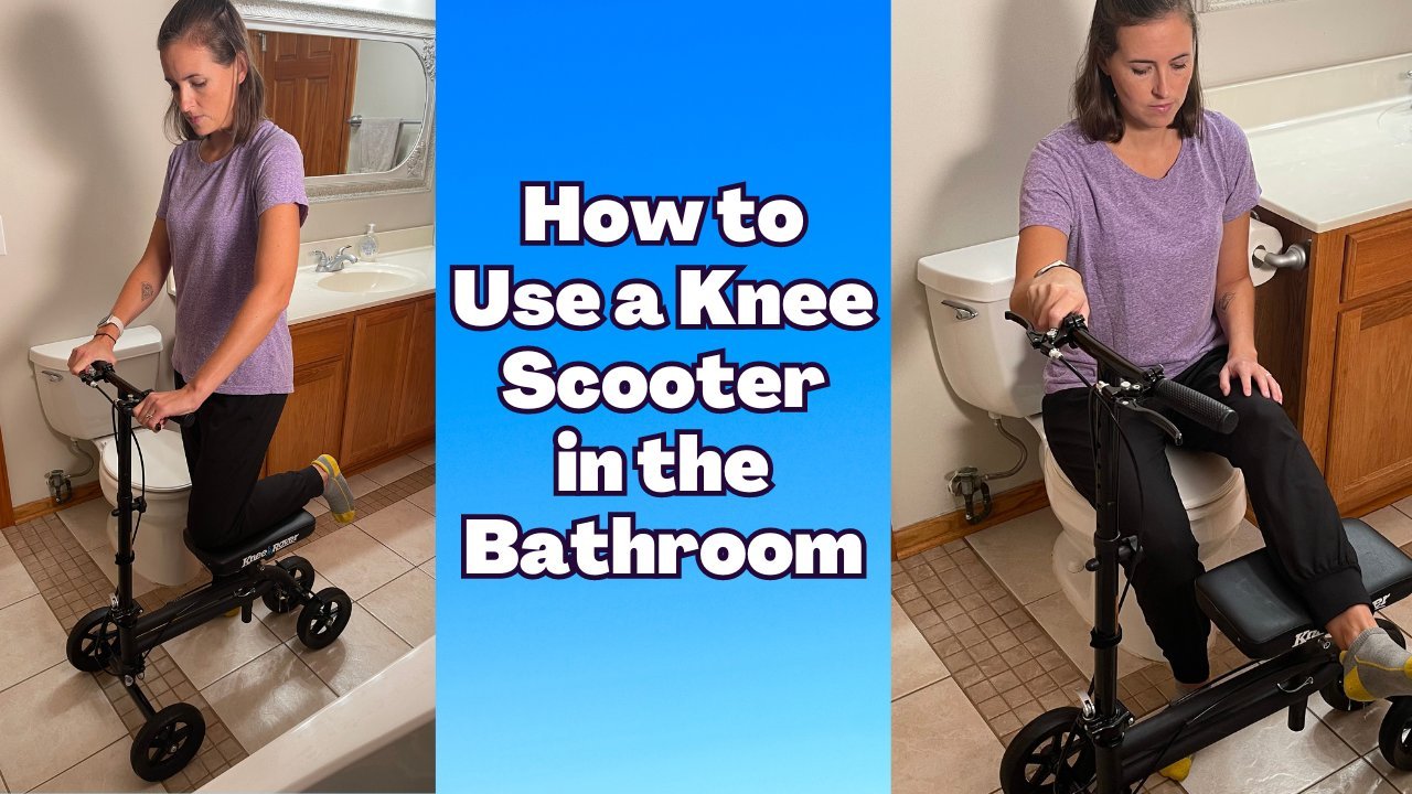 A person standing beside a knee scooter in a bright, clean kitchen setting.