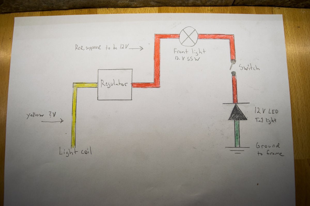 A properly wired dirt bike headlight glowing steadily with a secure ground connection.