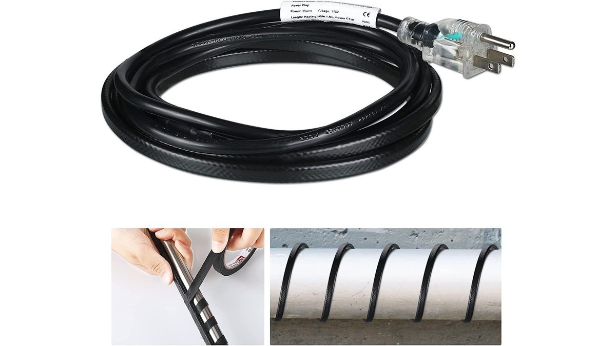 A self-regulating heat tape cable installed on a copper pipe for freeze protection.